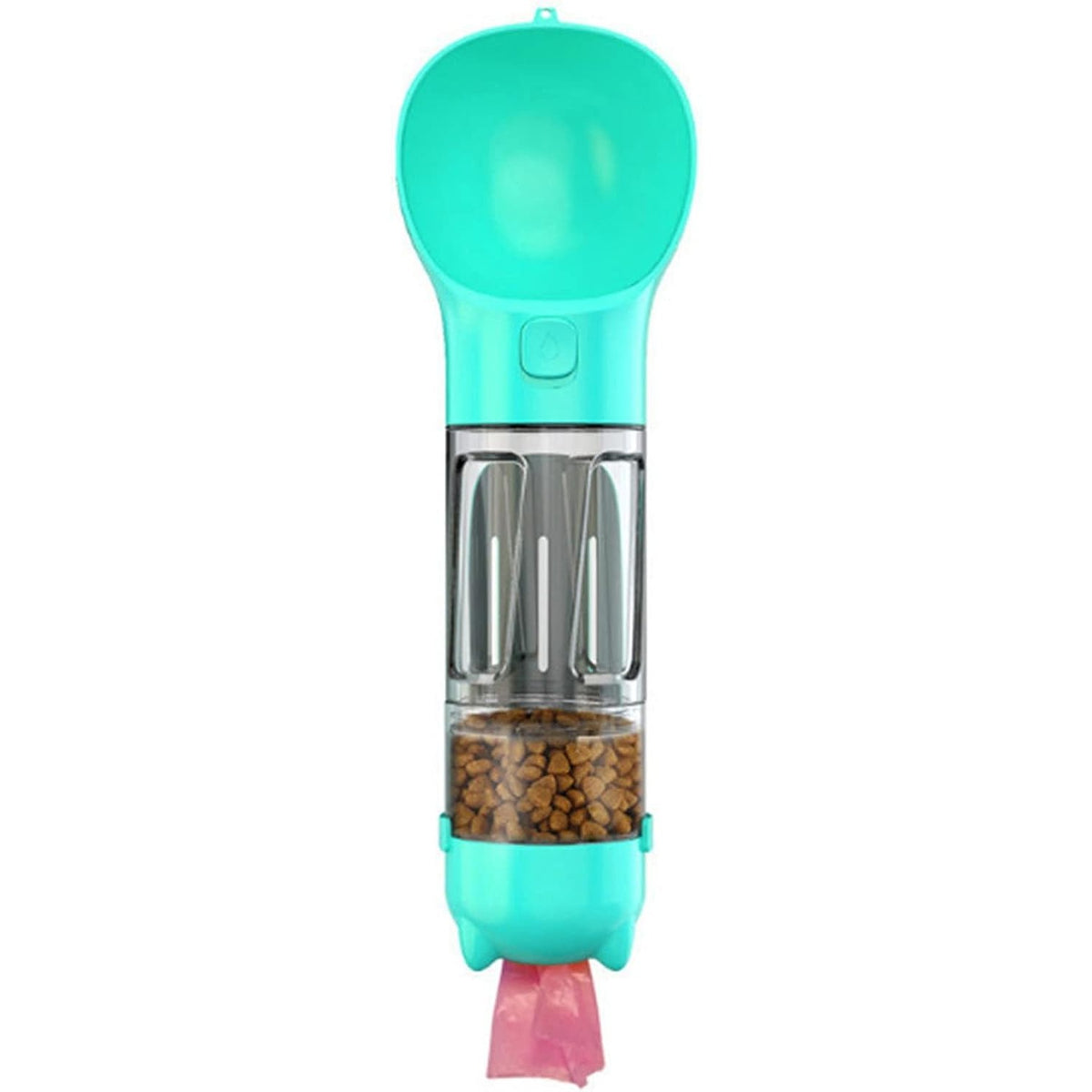 Sticla Portabila 4 in 1 pentru Caini si Pisici, Dozator Apa si Hrana cu Compartiment Pungi Igienice si Lopetica, Plastic ABS, 300 ml, Turcoaz