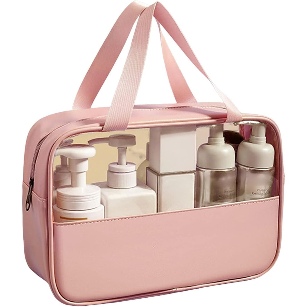 Geanta Cosmetice si Organizator Machiaj pentru Voiaj, Material Impermeabil PVC si PU, Design Portabil cu Maner, Roz, 26 x 15 x 10 cm