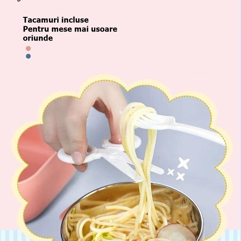 Caserola Lunch Box pentru Copii, Recipient Pranz cu 2 Compartimente si Inchidere Etans, Plastic Fara BPA, Include Lingura si Foarfeca, 750 ml, Roz