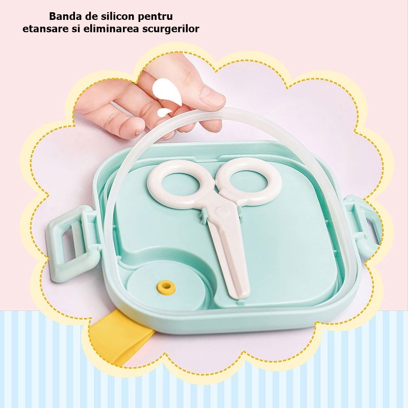Caserola Lunch Box pentru Copii, Recipient Pranz cu 2 Compartimente si Inchidere Etans, Plastic Fara BPA, Include Lingura si Foarfeca, 750 ml, Roz