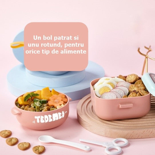 Caserola Lunch Box pentru Copii, Recipient Pranz cu 2 Compartimente si Inchidere Etans, Plastic Fara BPA, Include Lingura si Foarfeca, 750 ml, Roz