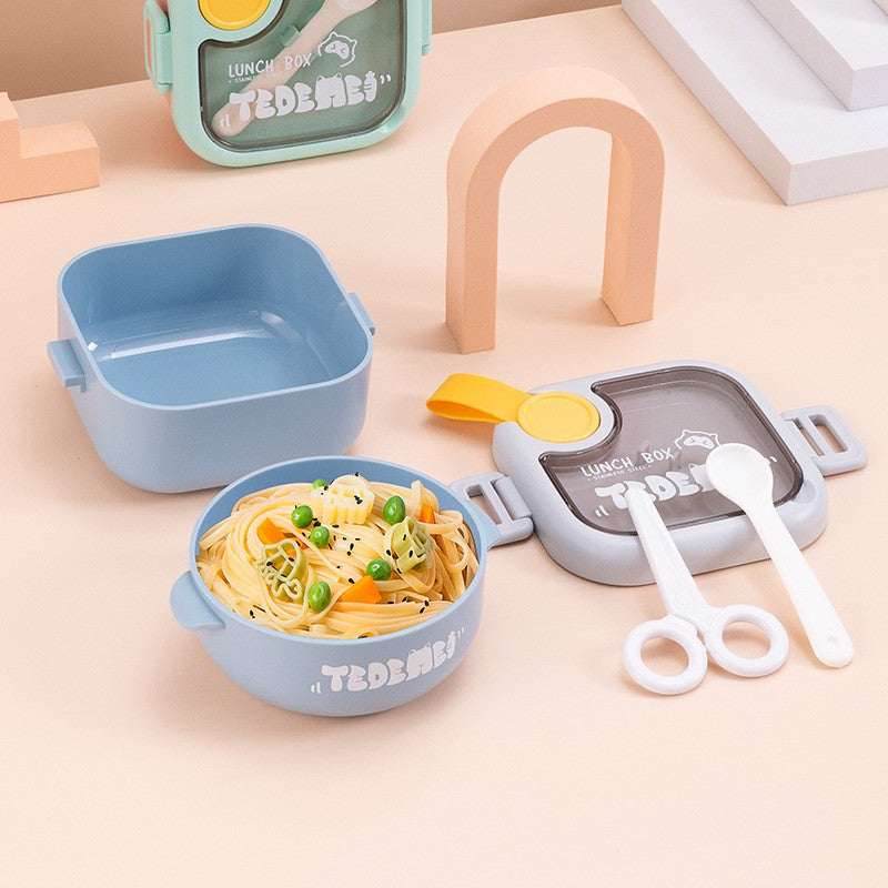 Caserola Pentru Copii Tip Lunch Box, 2 Compartimente Detasabile, Sistem Anti-Scurgere, Include Lingura Si Foarfeca, Plastic Fara BPA, 750 ml, Albastra