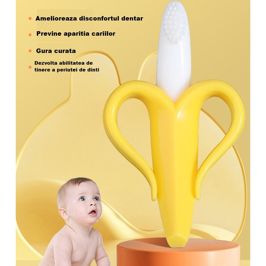 Jucarie Dentitie Bebelusi, Model Banana cu Manere Ergonomice, Silicon Non-Toxic Fara Miros, 10.5x5.9 cm, Galben