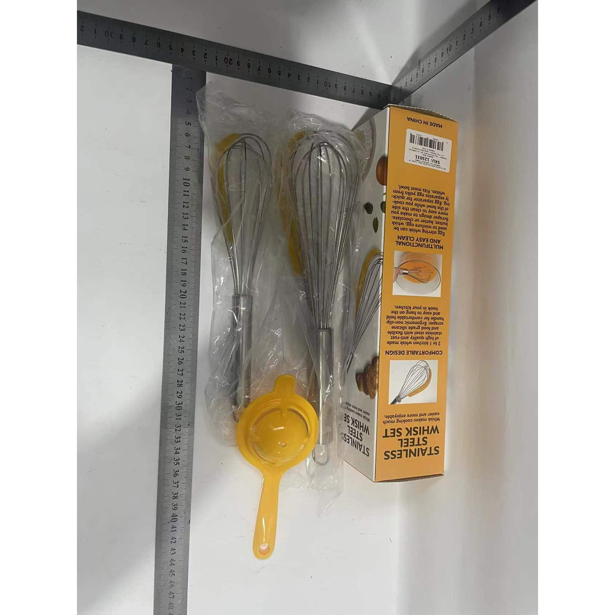 Set 3 Ustensile Bucatarie cu 2 Teluri si Separator de Oua, Inox 430 si Racleta Silicon, Argintiu/Galben