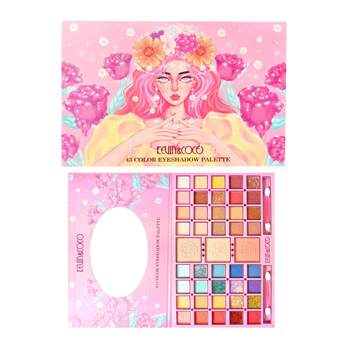 Kevin&Coco Paleta Machiaj Profesionala cu 43 Culori, Farduri Mate si Sidefate, Pudra, Iluminator, 2 Aplicatoare Incluse, Multicolor, 400 g