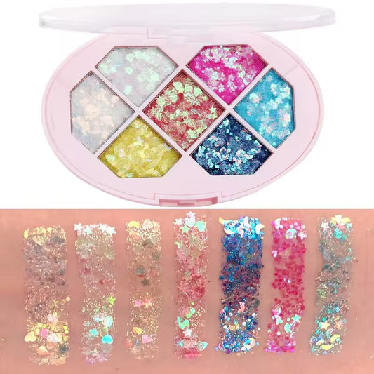 Paleta Machiaj cu Glitter si Sclipici sub Forma de Gel, Rezistent la Apa, Pentru Corp, Fata si Par, 7 Nuante, 50 g, Varianta 1, Multicolor