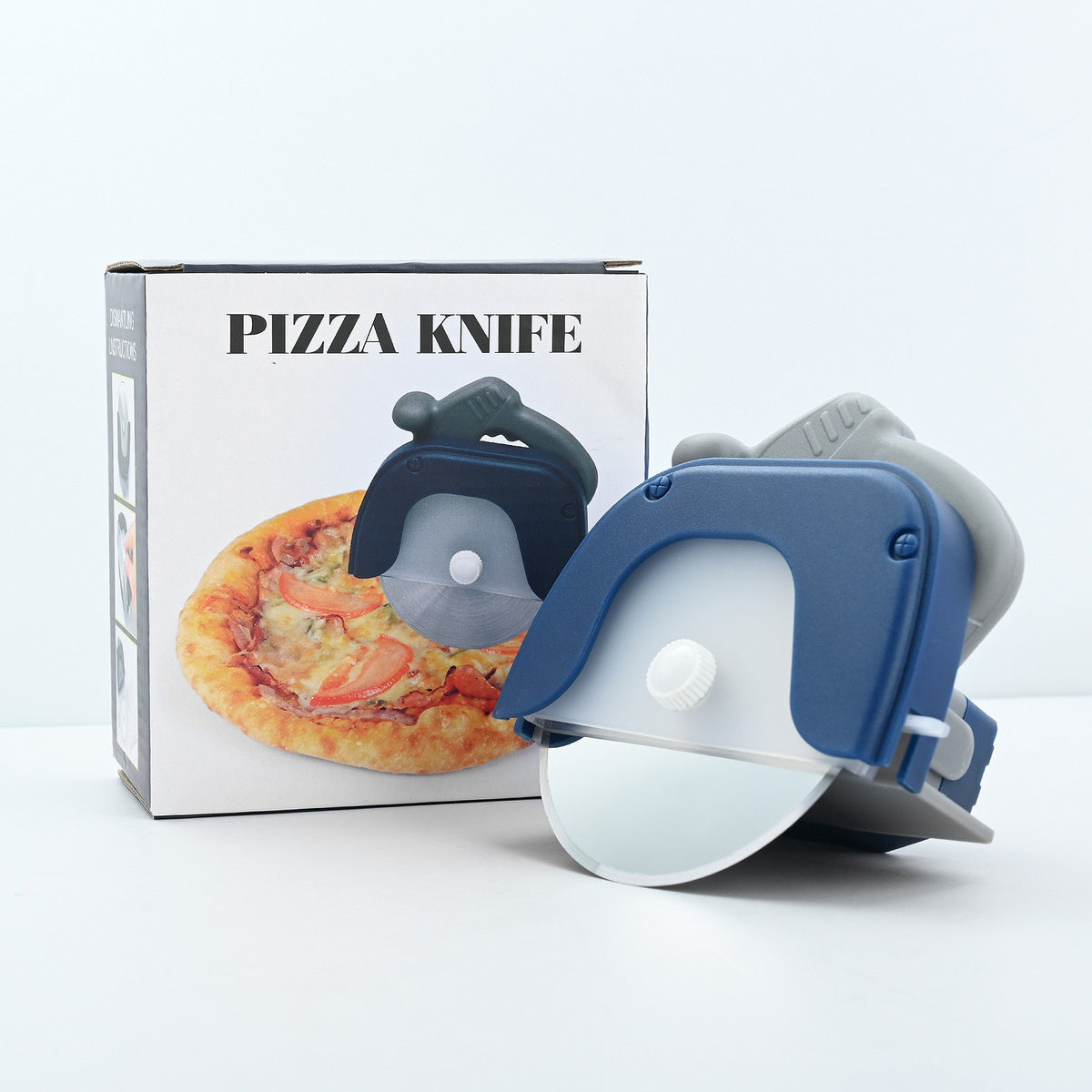 Cutit Circular Pentru Pizza, Feliator Rotativ Cu Maner Ergonomic Si Capac Protectie, Otel Inoxidabil Si Plastic, 11.5 x 12.5 cm, Albastru