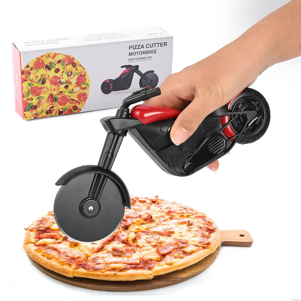 Cuțit Pizza în Formă de Motocicletă, Design Creativ cu Suport Inclus, Roată de Tăiere din Oțel Inoxidabil și PP, 21.5 x 9.5 cm, Negru