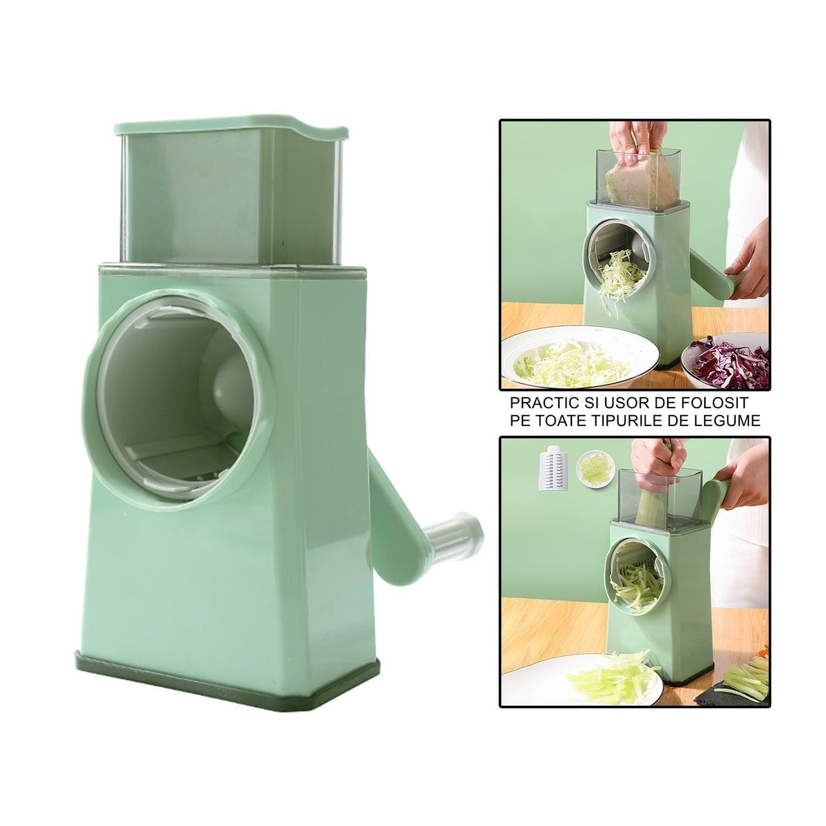 Feliator Manual Legume, Mandolina Multifunctionala cu 3 Lame din Otel Inoxidabil, Tip Julienne si Felii de 4 mm, Baza cu Ventuza de Siguranta, Carcasa ABS, 28.5 x 9.2 x 13.5 cm, Verde