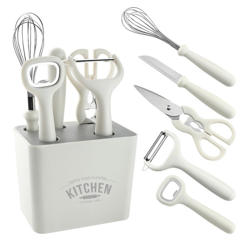 Set 6 Ustensile Bucatarie cu Suport, Organizator Ergonomic, Cutit, Tel, Foarfeca, Curatator si Desfacator, ABS si Inox, Alb