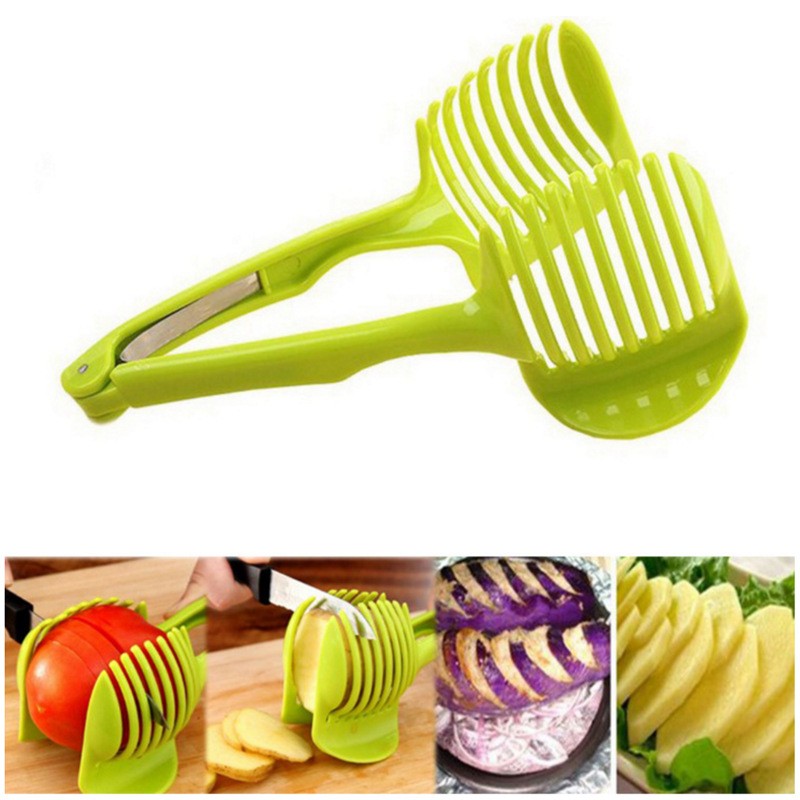 Cleste Suport pentru Feliat Legume si Fructe, Dispozitiv pentru Taieri Uniforme, Material ABS Rezistent, 18.5 x 8 cm, Verde