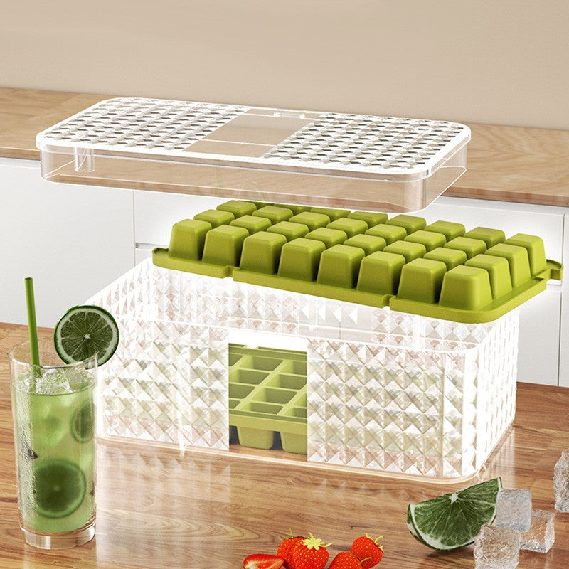 Set 3 Forme Pentru Gheata Cu Caserola Depozitare Si Capac Etans, Capacitate 96 Cuburi, Plastic, Verde