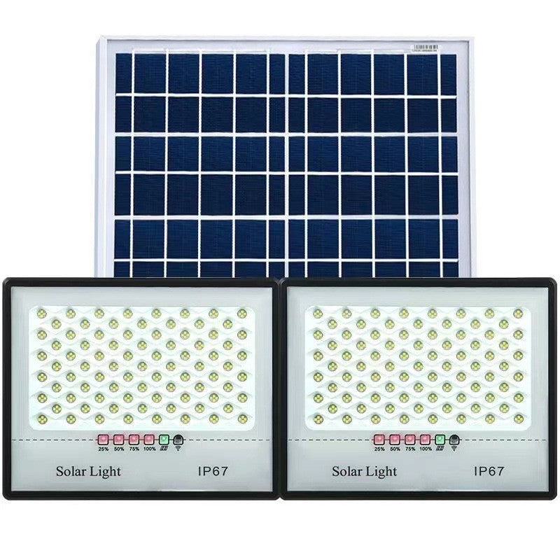 Set 2 Proiectoare LED cu Panou Solar, Senzor de Miscare si Telecomanda, Protectie IP67, Carcasa Aluminiu si Sticla, 200W, 644 LED-uri, Negru