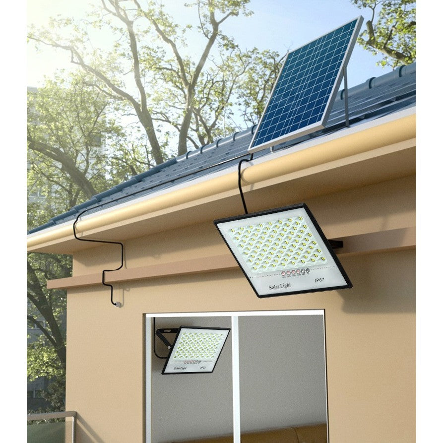 Set 2 Proiectoare LED cu Panou Solar, Senzor de Miscare si Telecomanda, Protectie IP67, Carcasa Aluminiu si Sticla, 200W, 644 LED-uri, Negru