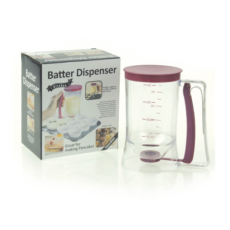Dispenser Aluat pentru Clatite si Briose, Dozator Gradat cu Maner cu Arc si Capac, Plastic Durabil, 900 ml, Mov