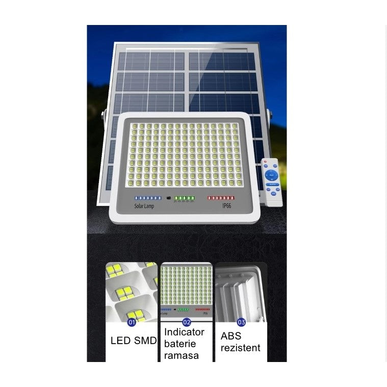 Proiector LED cu Panou Solar, Senzor de Lumina si Telecomanda, Protectie IP67, 216 LED-uri, Putere 100W, 24x19 cm, Negru
