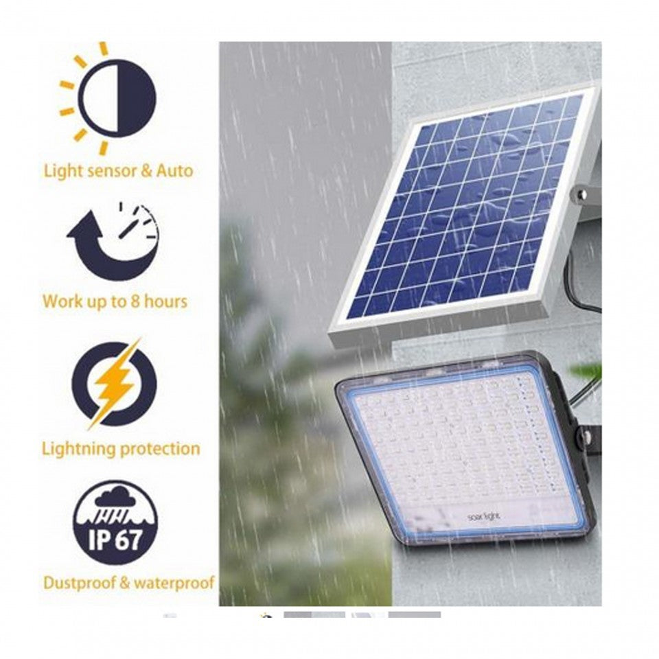 Proiector LED cu Panou Solar, Senzor de Lumina si Telecomanda, Protectie IP67, 216 LED-uri, Putere 100W, 24x19 cm, Negru