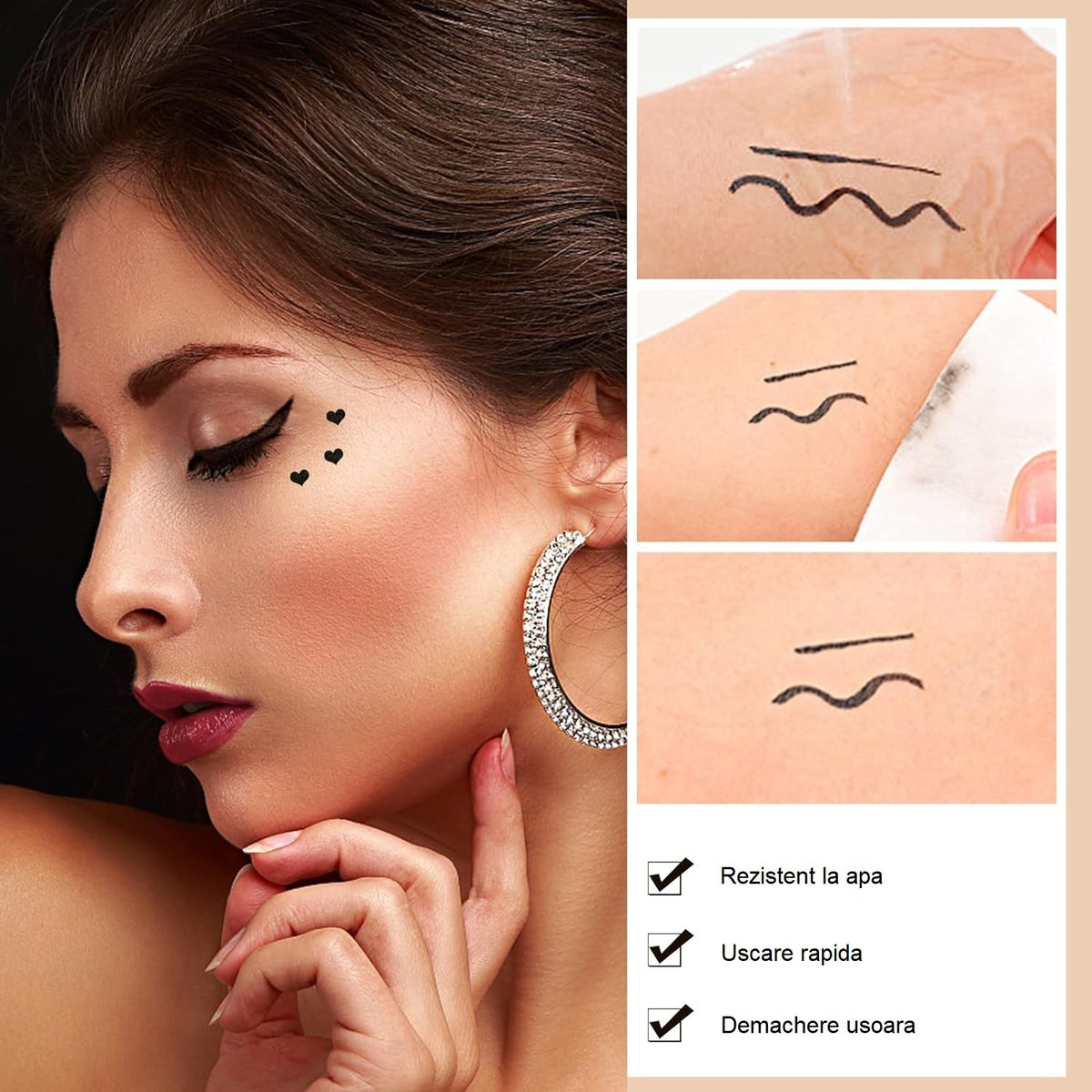Tus Lichid pentru Ochi si Corp, Eyeliner 2 in 1 cu Stampila in Forma de Inima, Formula Rezistenta la Apa si Uscare Rapida, Finisaj Mat, 50 g, Negru