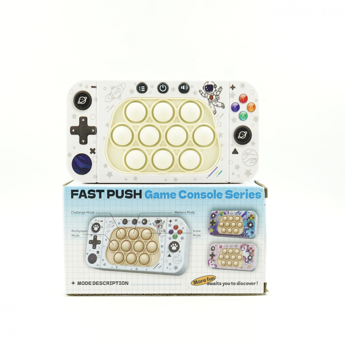 Consola Interactiva Speed Push Whack-a-Mole, Joc de Memorie si Viteza Pop It, Dezvoltare Coordonare Mana-Ochi, Sunete si Lumini, Material ABS si Silicon, 15.5 x 7.6 x 5.3 cm, Model Astronaut, Alb