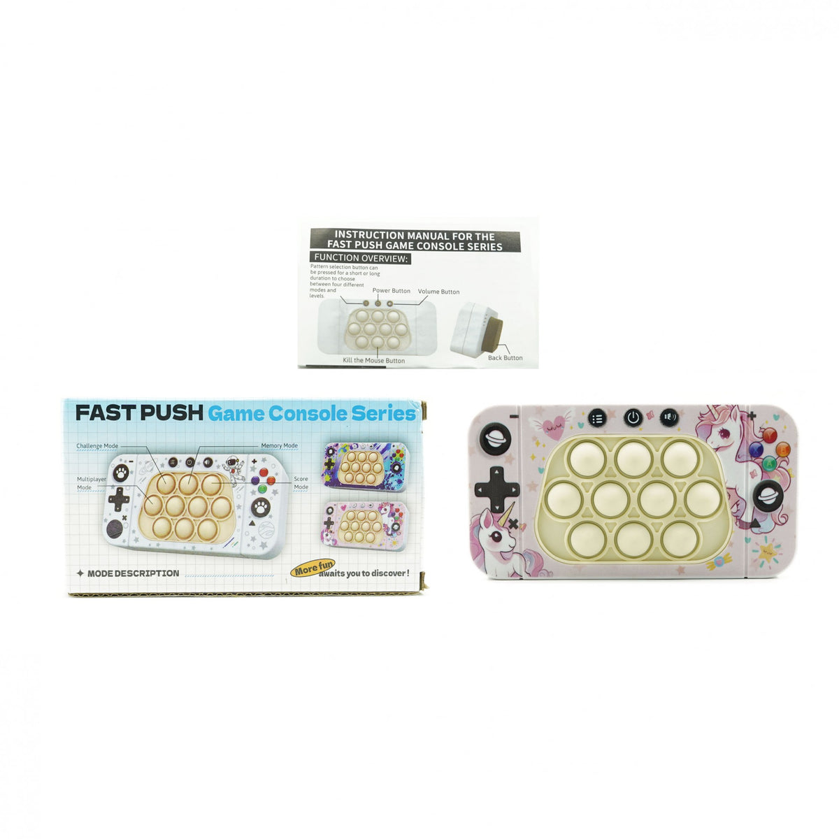 Joc Interactiv Tip Consola Speed Push Whack-A-Mole, Jucarie Pop It cu Nivele, Sunete si Lumini, Material ABS si Silicon, Design Unicorn, 15.5 x 7.6 x 5.3 cm, Roz