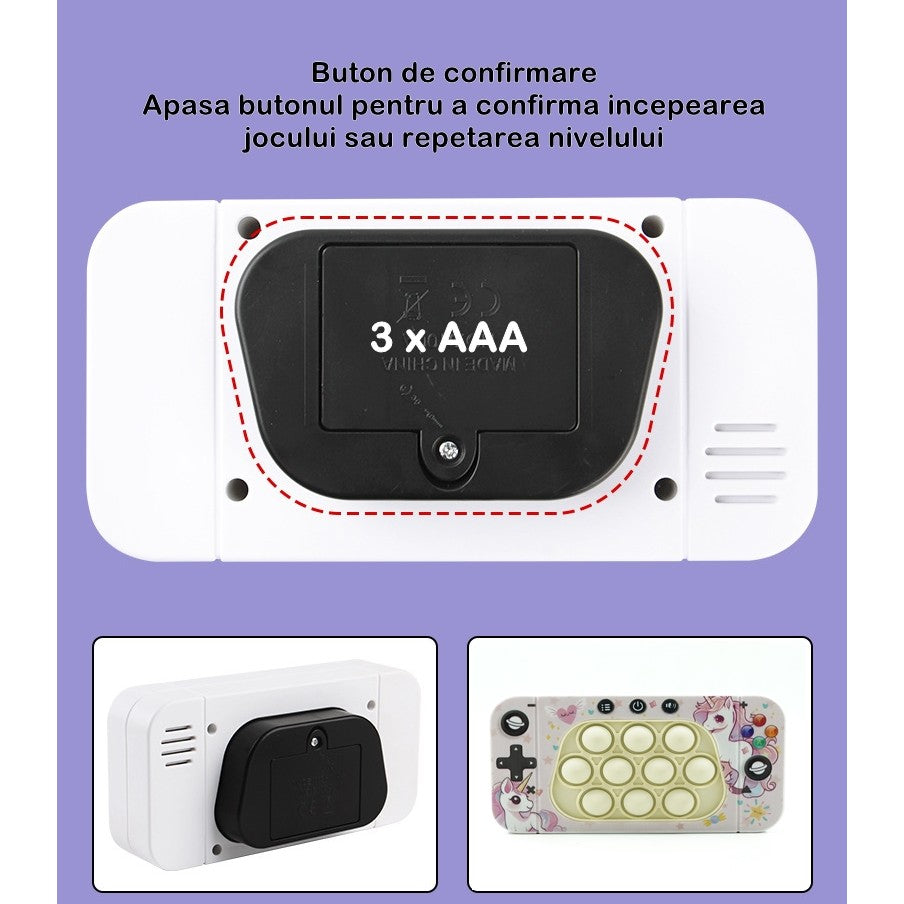 Joc Interactiv Tip Consola Speed Push Whack-A-Mole, Jucarie Pop It cu Nivele, Sunete si Lumini, Material ABS si Silicon, Design Unicorn, 15.5 x 7.6 x 5.3 cm, Roz