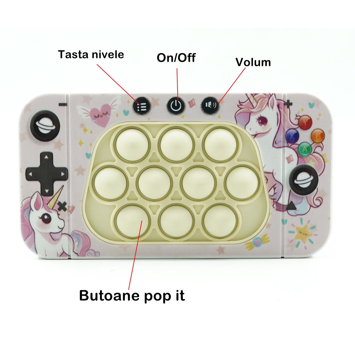 Joc Interactiv Tip Consola Speed Push Whack-A-Mole, Jucarie Pop It cu Nivele, Sunete si Lumini, Material ABS si Silicon, Design Unicorn, 15.5 x 7.6 x 5.3 cm, Roz