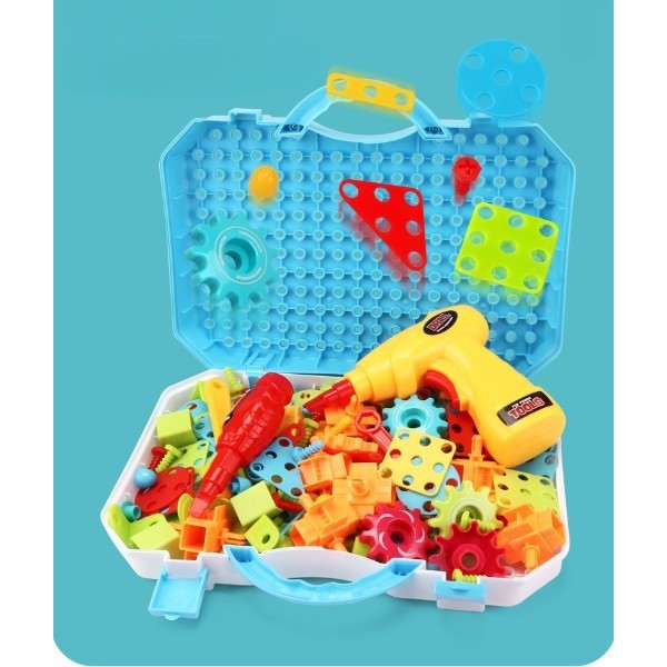 Set de Constructie si Mozaic 2D si 3D, Jucarie Educativa cu Bormasina Electrica, Kit Creativ in Valiza, Plastic ABS, 336 Piese, Multicolor