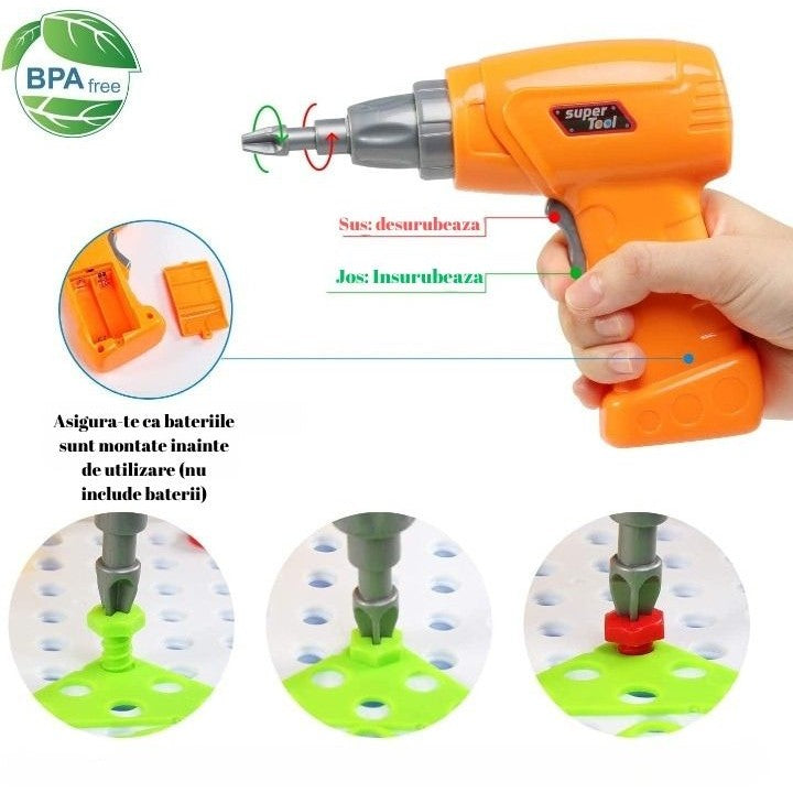 Set de Constructie si Mozaic 2D si 3D, Jucarie Educativa cu Bormasina Electrica, Kit Creativ in Valiza, Plastic ABS, 336 Piese, Multicolor