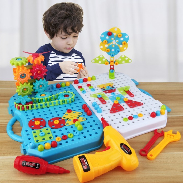Set de Constructie si Mozaic 2D si 3D, Jucarie Educativa cu Bormasina Electrica, Kit Creativ in Valiza, Plastic ABS, 336 Piese, Multicolor