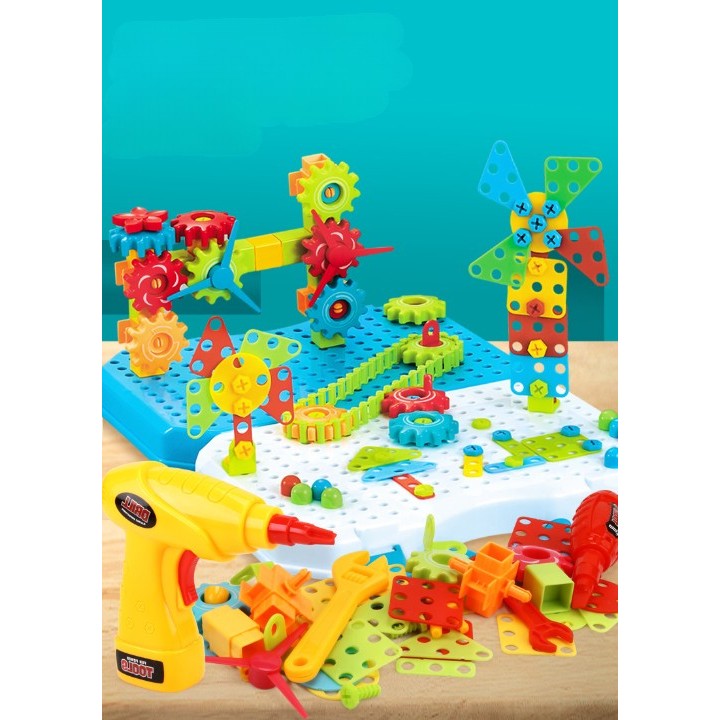 Set de Constructie si Mozaic 2D si 3D, Jucarie Educativa cu Bormasina Electrica, Kit Creativ in Valiza, Plastic ABS, 336 Piese, Multicolor