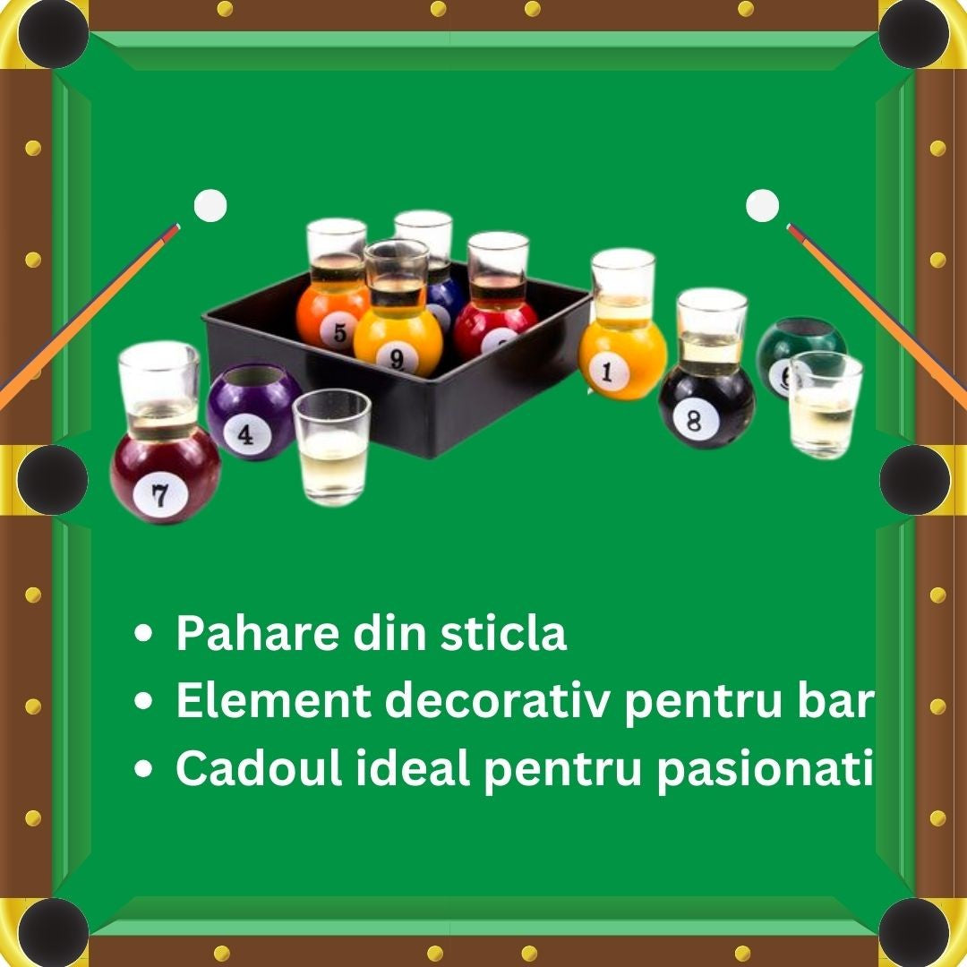 Set 9 Pahare De Shot Cu Suport Detasabil In Forma De Bila Biliard, Joc Petrecere Din Sticla, 30 ml, 17 x 17 x 10 cm, Multicolor