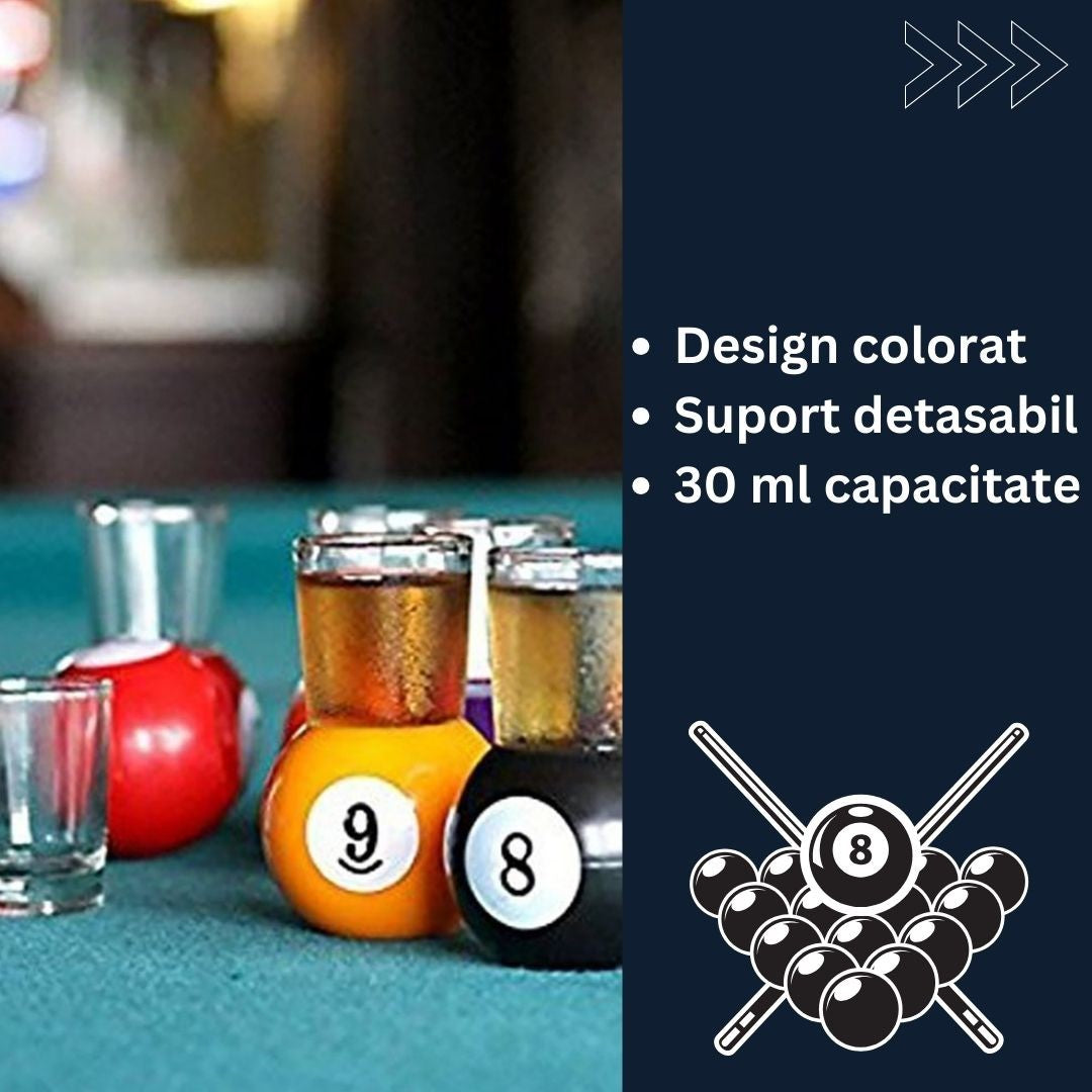 Set 9 Pahare De Shot Cu Suport Detasabil In Forma De Bila Biliard, Joc Petrecere Din Sticla, 30 ml, 17 x 17 x 10 cm, Multicolor