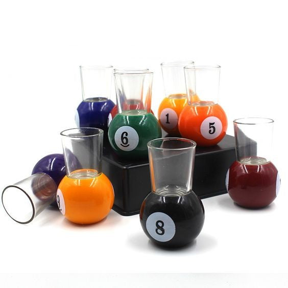 Set 9 Pahare De Shot Cu Suport Detasabil In Forma De Bila Biliard, Joc Petrecere Din Sticla, 30 ml, 17 x 17 x 10 cm, Multicolor