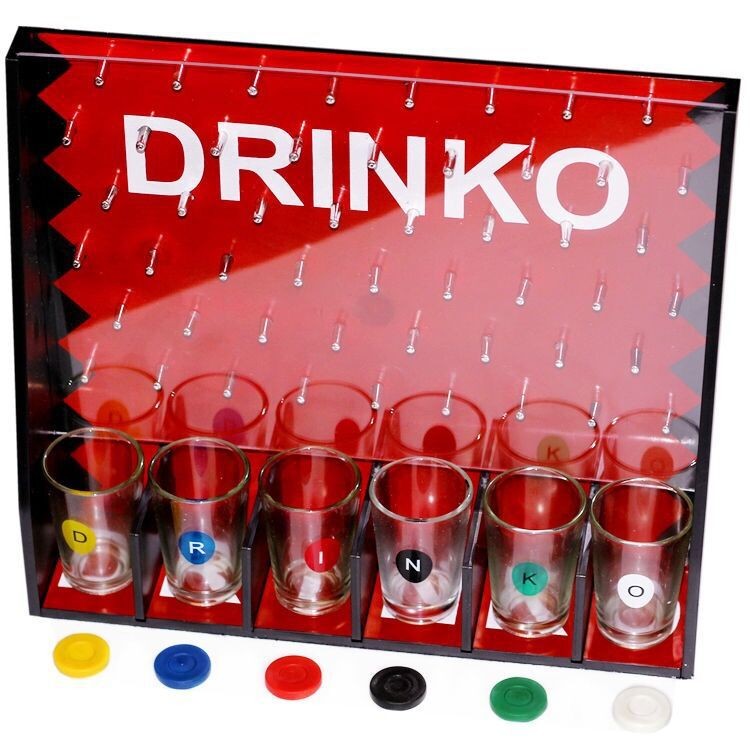 Joc de Baut Gravitational Drinko, Joc Interactiv de Petrecere cu 6 Pahare Shot Incluse, Plastic si Sticla, Pana la 6 Jucatori, 25.5 x 6.7 x 27.5 cm, Rosu