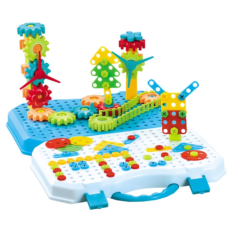 Jucarie Educativa, Set De Constructie Puzzle Mozaic Cu Bormasina Electrica, Modele 2D si 3D, Material ABS, Valiza Transport, Varsta +3 Ani, 338 Piese