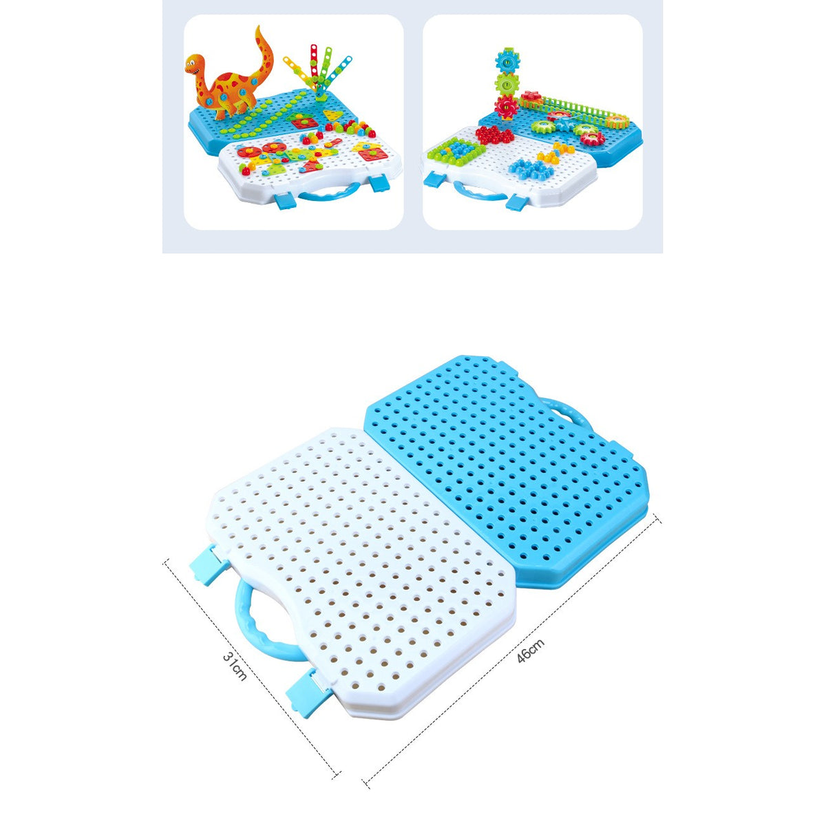 Jucarie Educativa, Set De Constructie Puzzle Mozaic Cu Bormasina Electrica, Modele 2D si 3D, Material ABS, Valiza Transport, Varsta +3 Ani, 338 Piese
