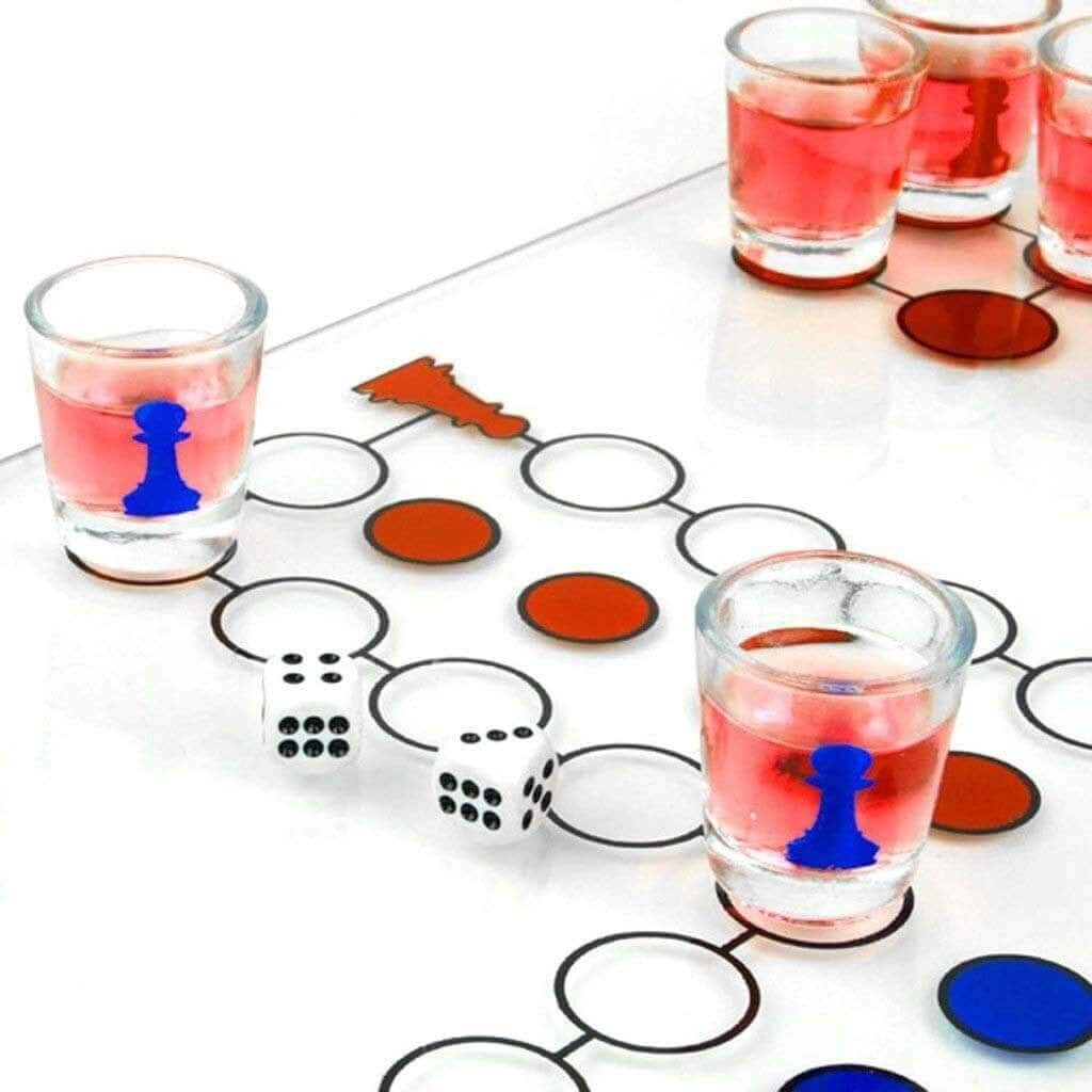 Joc de Societate Ludo Nu Te Supara Frate pentru Baut, Set cu Pahare Shot din Sticla, Tabla de Joc Rezistenta, 30x30 cm, Multicolor