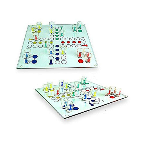 Joc de Societate Ludo Nu Te Supara Frate pentru Baut, Set cu Pahare Shot din Sticla, Tabla de Joc Rezistenta, 30x30 cm, Multicolor