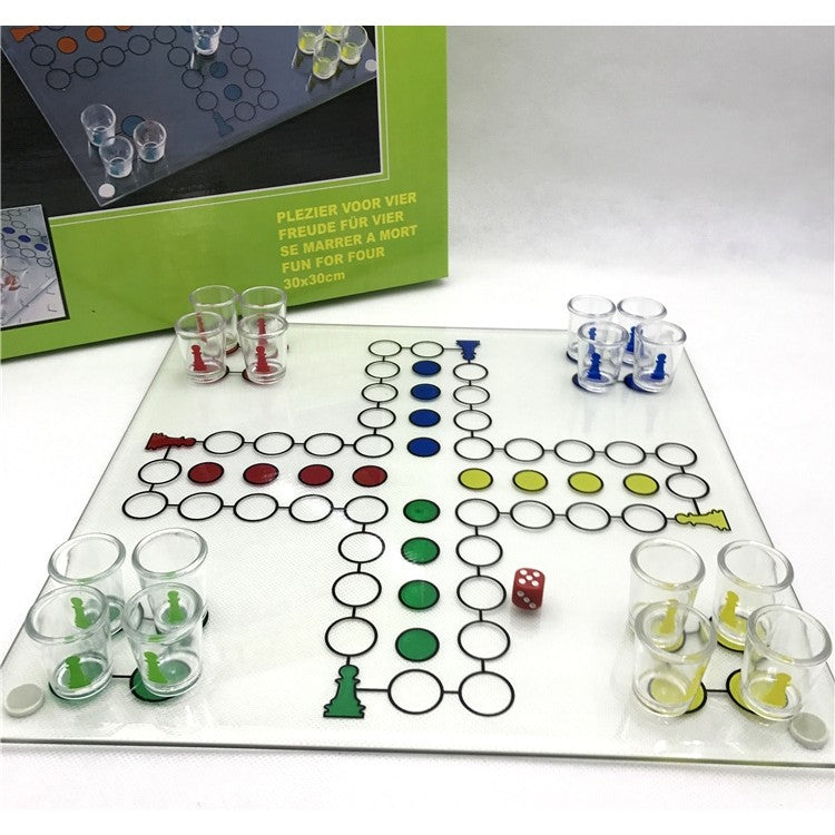 Joc de Societate Ludo Nu Te Supara Frate pentru Baut, Set cu Pahare Shot din Sticla, Tabla de Joc Rezistenta, 30x30 cm, Multicolor