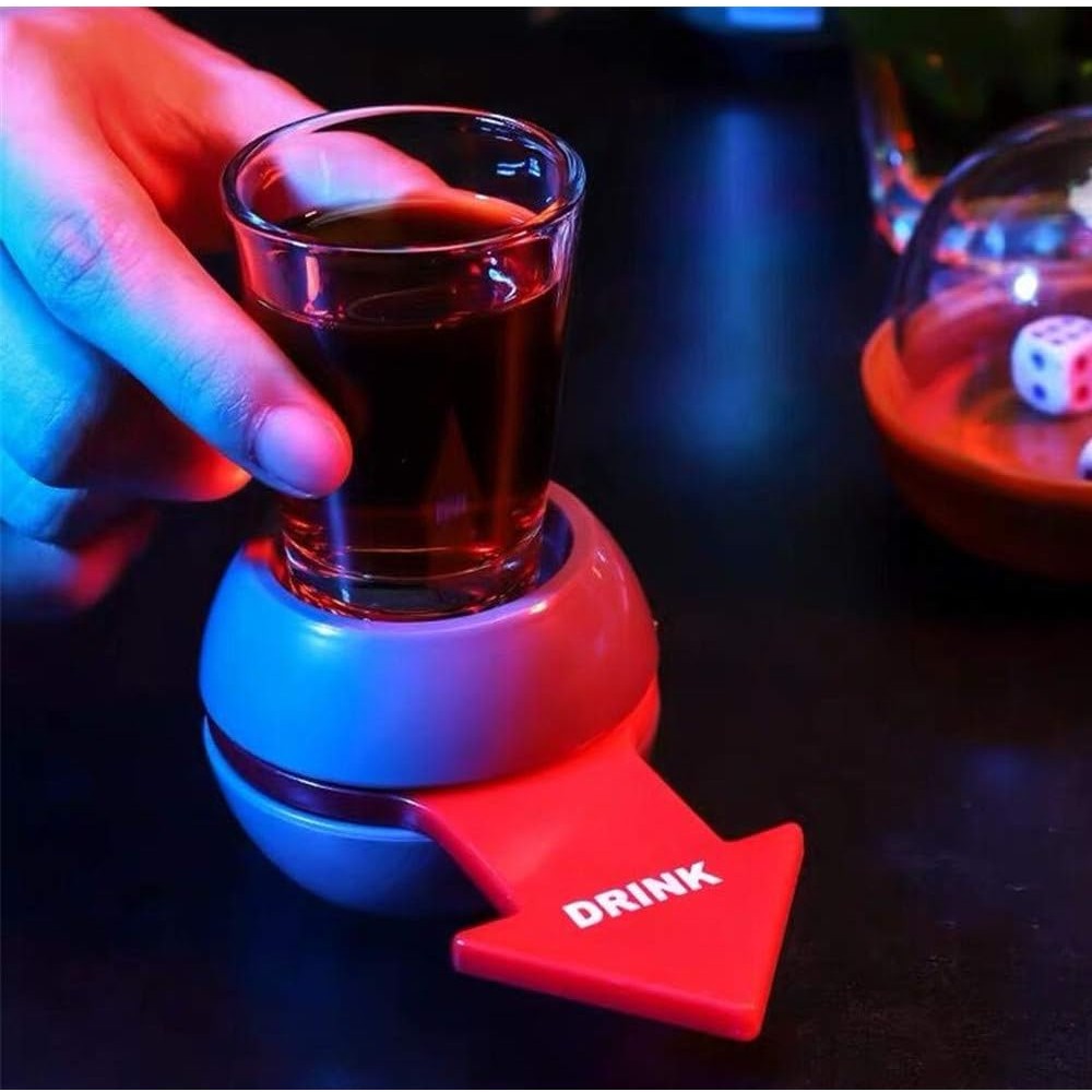 Joc de Baut Drink Spin, Ruleta pentru Petreceri cu Sageata Rotativa, Plastic ABS si Pahar Shot din Sticla 30 ml, 10.3 x 11.5 cm, Gri