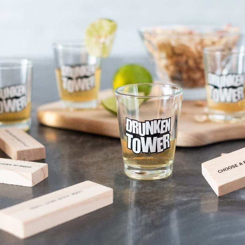 Joc de Baut Turnul Betivului Tip Jenga, Piese din Lemn cu Provocari si Sarcini, Include 4 Pahare de Shot din Sticla, 60 Piese, 19 x 7 x 20 cm
