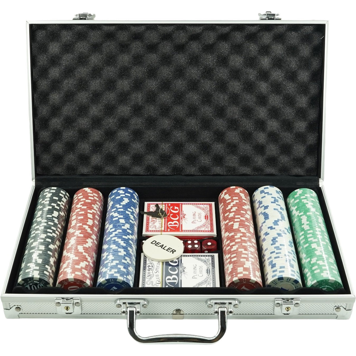 Set de Poker Profesional cu 300 Jetoane, Include 2 Pachete Carti Plastic, 5 Zaruri si Mat de Joc, Servieta Aluminiu, 39x7x27 cm