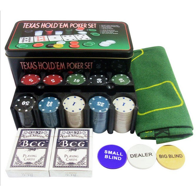 Set Poker Texas Hold'em, 200 Jetoane, 2 Pachete de Carti, Cutie Metalica pentru Depozitare si Transport, Multicolor