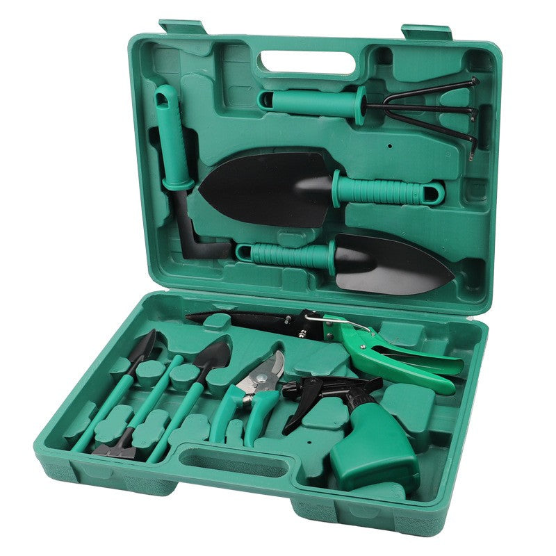 Set Accesorii Pentru Gradinarit, 10 Piese, Otel Inoxidabil, Geanta Depozitare Cu Compartimente, Include Lopeti, Foarfeci Si Pulverizator, 37 x 28 cm, Verde
