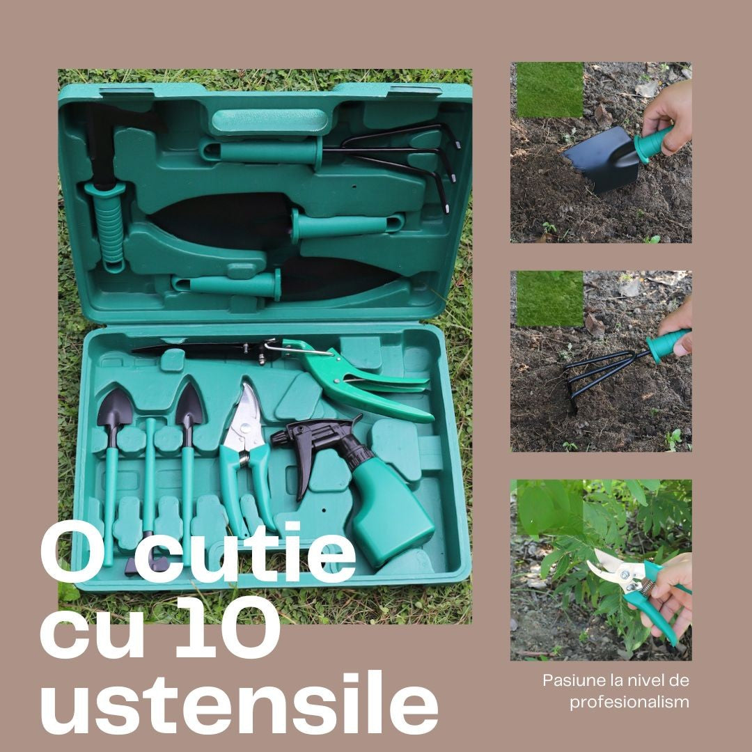 Set Accesorii Pentru Gradinarit, 10 Piese, Otel Inoxidabil, Geanta Depozitare Cu Compartimente, Include Lopeti, Foarfeci Si Pulverizator, 37 x 28 cm, Verde