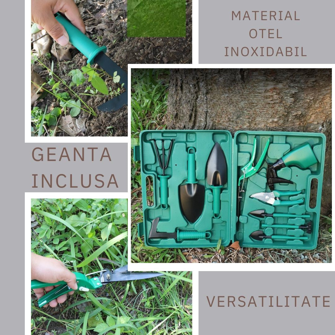 Set Accesorii Pentru Gradinarit, 10 Piese, Otel Inoxidabil, Geanta Depozitare Cu Compartimente, Include Lopeti, Foarfeci Si Pulverizator, 37 x 28 cm, Verde
