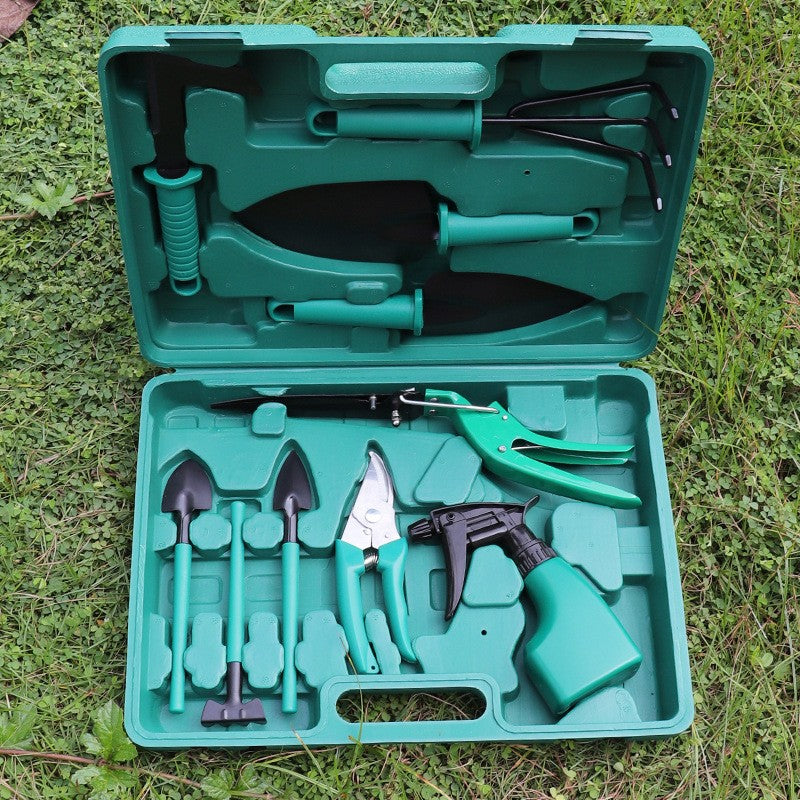 Set Accesorii Pentru Gradinarit, 10 Piese, Otel Inoxidabil, Geanta Depozitare Cu Compartimente, Include Lopeti, Foarfeci Si Pulverizator, 37 x 28 cm, Verde