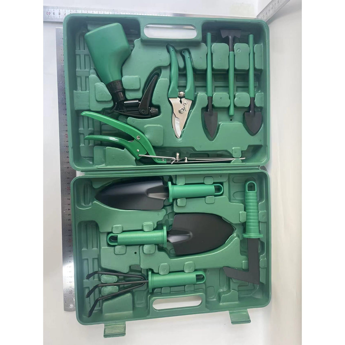Set Accesorii Pentru Gradinarit, 10 Piese, Otel Inoxidabil, Geanta Depozitare Cu Compartimente, Include Lopeti, Foarfeci Si Pulverizator, 37 x 28 cm, Verde