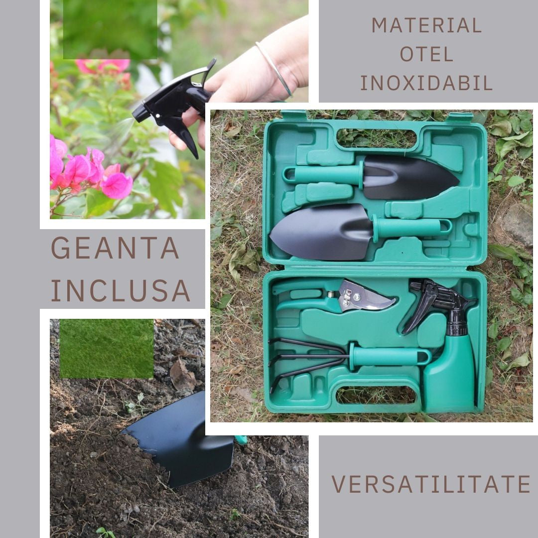 Set Accesorii Pentru Gradinarit, Kit 5 Piese cu Lopeti, Foarfeca si Pulverizator, Otel Inoxidabil, Geanta Depozitare Inclusa, 18.5 x 29.5 cm, Verde
