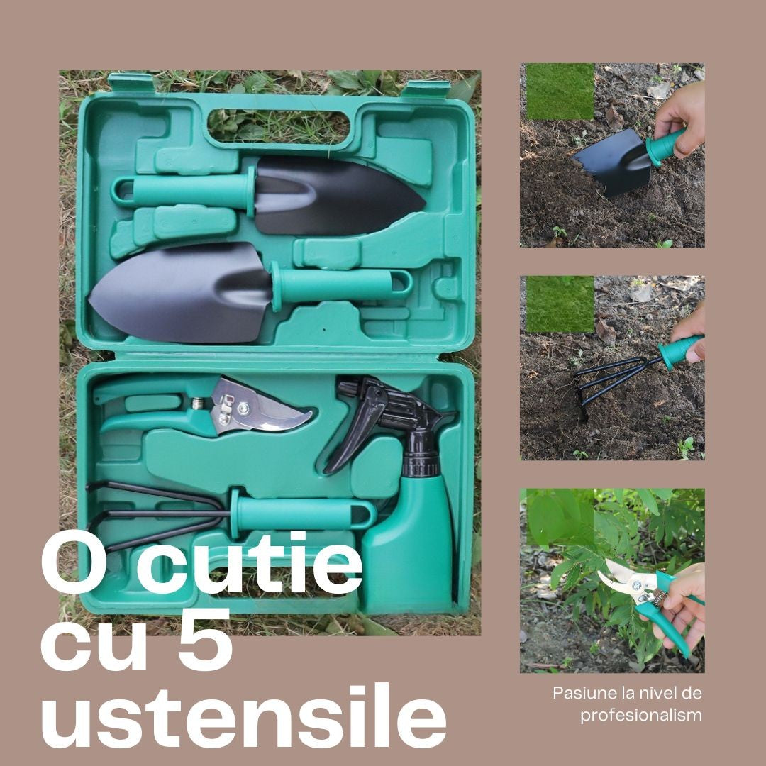 Set Accesorii Pentru Gradinarit, Kit 5 Piese cu Lopeti, Foarfeca si Pulverizator, Otel Inoxidabil, Geanta Depozitare Inclusa, 18.5 x 29.5 cm, Verde